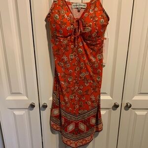 Almost Famous Red Floral Tie-Front Maxi Dress with Border Print